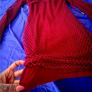 Med Maroon fishnet mini dress with attached slip